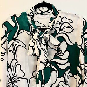 Mango Silky Green & White Drapey Floral Blouse, Size 4